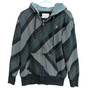 Vintage Ocean Pacific‎ OP Zip Up Hoodie Striped Black Gray Sherpa Lined Y2K